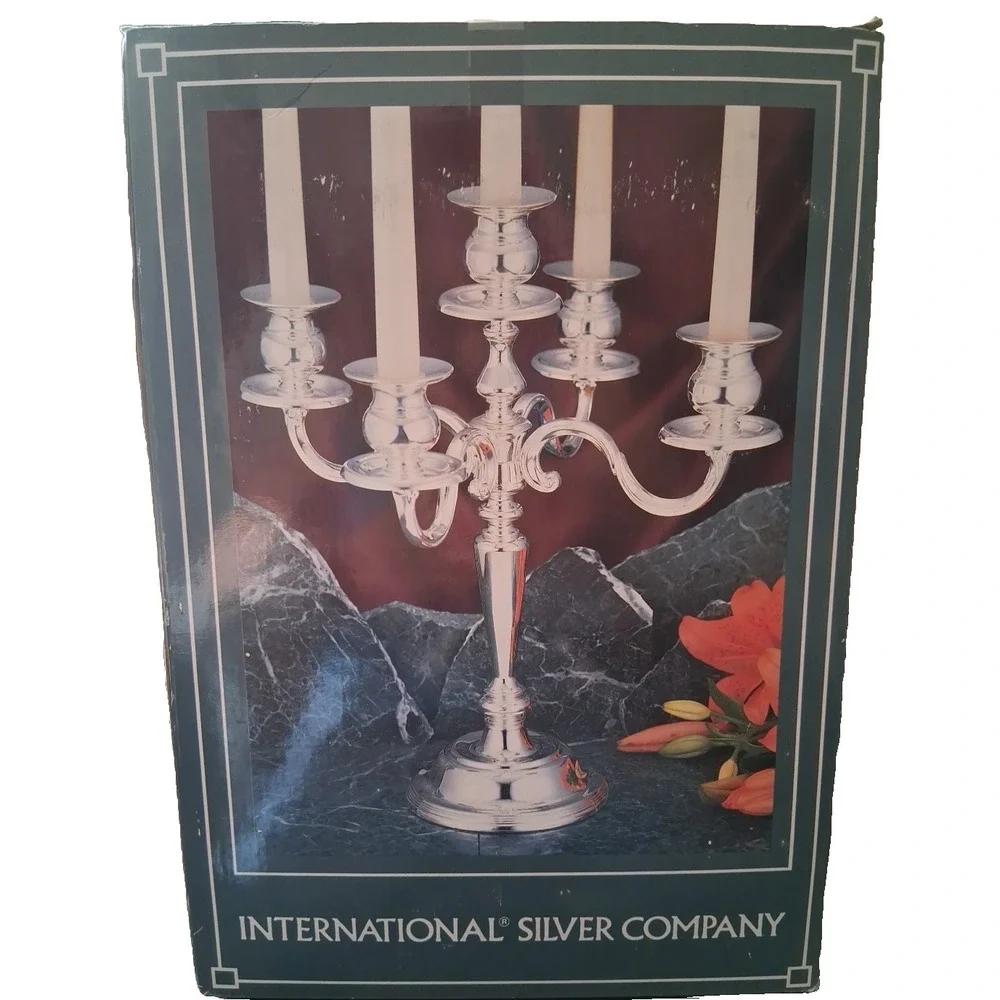 NIB 1994 International Silver Co 5-Arm Silverplate Candelabra 14.5